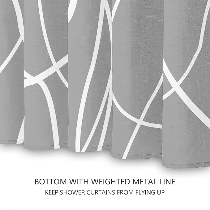 Tititex Morden 140gms Faux Linen Fabric Bath Shower Curtain Set Textured Fabric with Gray White Curve Pattern 72x72 Inch Water Resistant Bathroom Curtains, Weighted Hem & Hooks for Home/Hotel