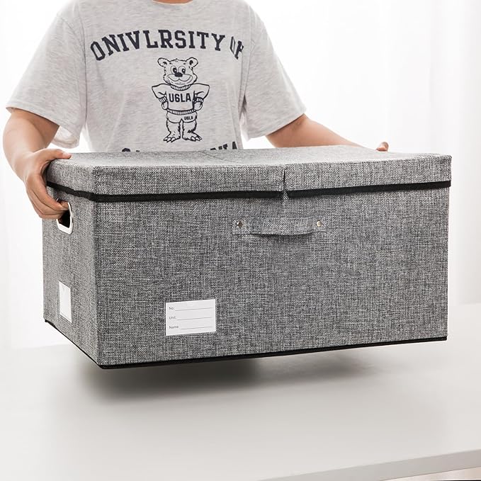 PRANDOM Storage Bins with Lids [3-Pack] Linen Fabric Foldable Storage Boxes Organizer Containers Baskets Cube with Cover Grey(23.4X15.9X11.4)