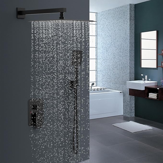 Shower System Modern Rain Brass Faucet Set With Valve and Diverter Shower Mixer With Handheld High Pressure Square Rainfall Shower Valve (12'' Wall Mount, Matte Black)