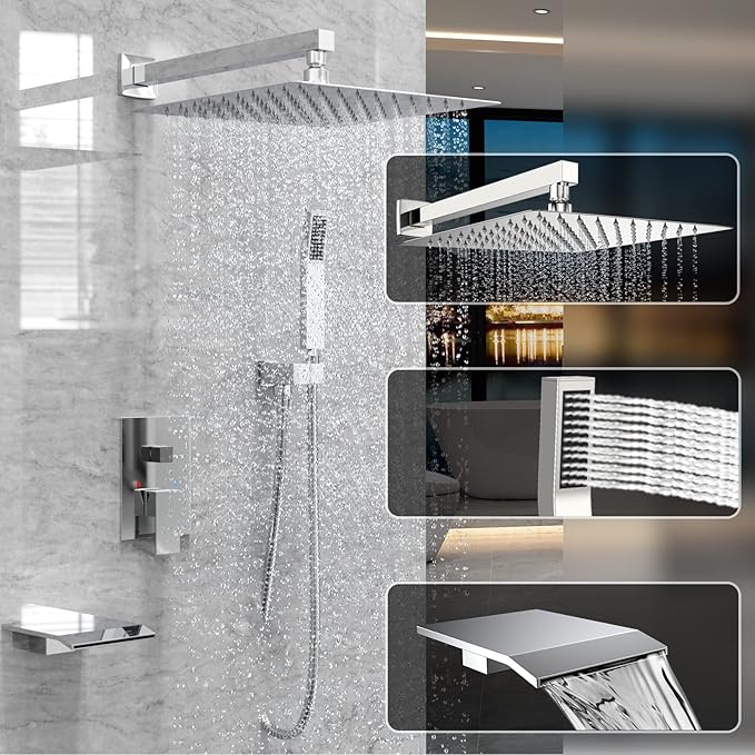 Shower System Rain Shower Faucet Set with Tub Spout,10 inch Bathroom Wall Mounted Waterfall Bathtub Faucet with Handheld Spray and Rough-in Valve Body and Trim kit,Chrome Polished