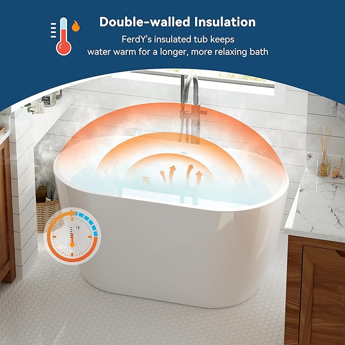 FerdY 47" Bali Acrylic Freestanding Bathtub, Gracefully Shaped Freestanding Soaking Bathtub, cUPC Certified, Toe-Tap White Drain and Minimalist Linear Design Overflow Included