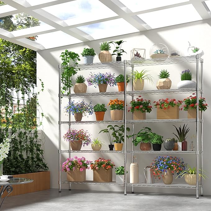 5 Tier Storage Racks Shelving, Heavy Steel Pantry Shelves, Adjustable Wire Shelving Rack, Suitable for Garage, Kitchens, Offices, 58" W x 14" D x 71" H, Chrome