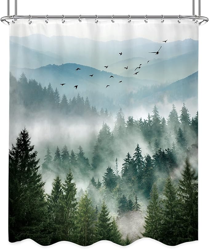 Riyidecor Rustic Green Mountain Shower Curtain for Bathroom Nature Woodland Tree Scenery Waterproof Cloth Fabric Shower Curtains，Alpine Landscape Natural Mens Bathroom Decor 12 Pack Hooks 60Wx72H Inch