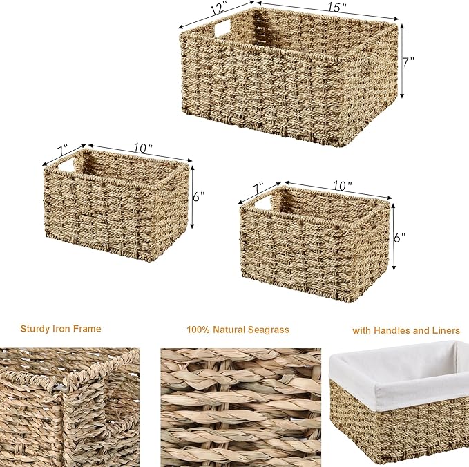 Vagusicc Wicker Basket, Seagrass Wicker Storage Basket with Built-in Handles, Baskets for Organizing, 15'' Large Storage Baskets for Shelves with Liner bathroom organizer (3-Pack Seagrass Baskets Set)