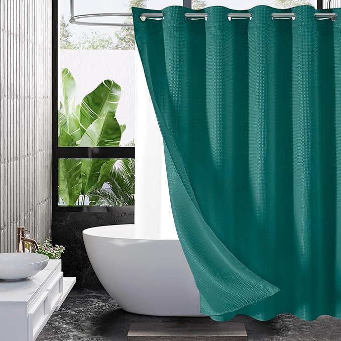 MitoVilla No Hooks Needed Extra Long Shower Curtain Liner Set, Green 86 inch XL Heavyweight Waffle Cloth Shower Curtains Set with Snap-in Liner for Modern Luxury Hotel & Spa Bathroom Decor