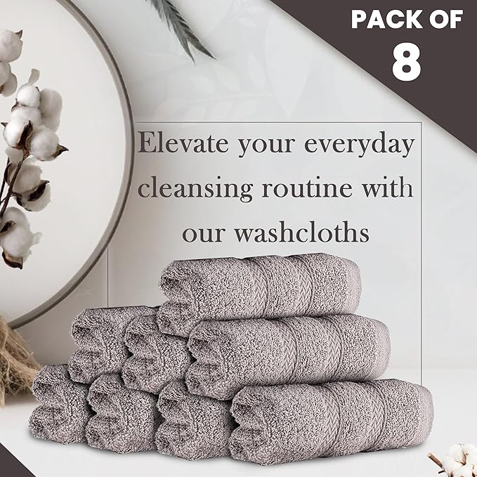HALLEY Turkish 8 Pack Premium Washcloths (8 Pieces) 650 GSM Highly Absorbent Super Soft 100% Cotton - 8 Washcloths (Gray)