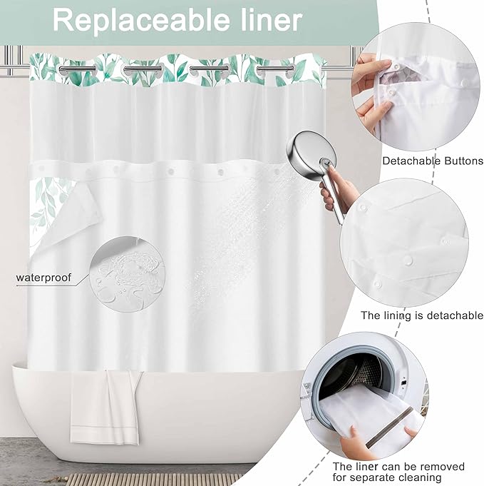 No Hook Shower Curtain and Liner Set, Teal Eucalyptus Floral Shower Curtains for Bathroom, Bath Curtain Sets with Snap in Liner, Waterproof with See Through Top Window, 71x84 Inches