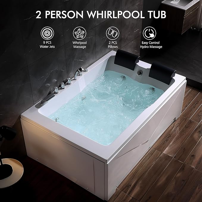 Empava 71" two Person Acrylic Whirlpool Bathtub with 16 Hydro-Massage Jets & Chromotherapy Rectangular Alcove Jetted Soaking Tub, Acrylic SPA Bath Tub, ETL Certified Waterfall Faucet, White