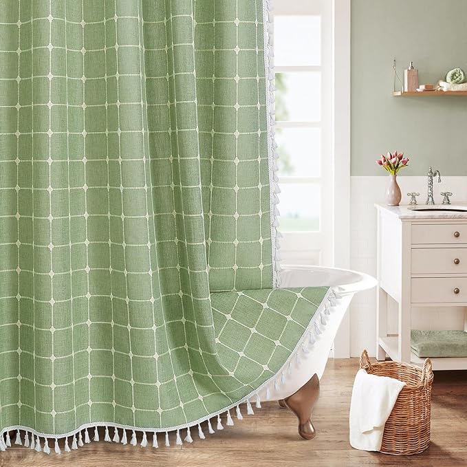 MitoVilla Sage Green Boho Extra Long Shower Curtain 72 x 84, Modern Farmhouse 84 inch XL Rustic Polyester Linen Tassel Heavy Duty Shower Curtain Set with Hooks for Cottagecore Country Bathroom Decor