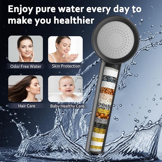 Filtered Shower Head with Handheld, High Pressure Water Flow and Multiple Spray Modes Shower Head with Filter, Power Wash for Hard Water, Showerhead with ON/OFF Switch for Pets Bath (Stone Gray)