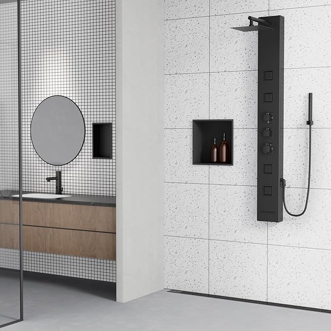 Achelous Stainless Steel Insert Shower Niche 12" X 12", No Tile Needed, Recessed Shower Shelf Organizer, Matte Black