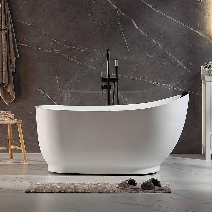 Empava Update Acrylic Whirlpool Bathtub, 59 Inch Acrylic Freestanding Jetted Tub, Hydromassage Gracefully Oval Shaped with 16 Hydromassage Jets with Lumbar and Neck Support, Black Pillow, No faucet