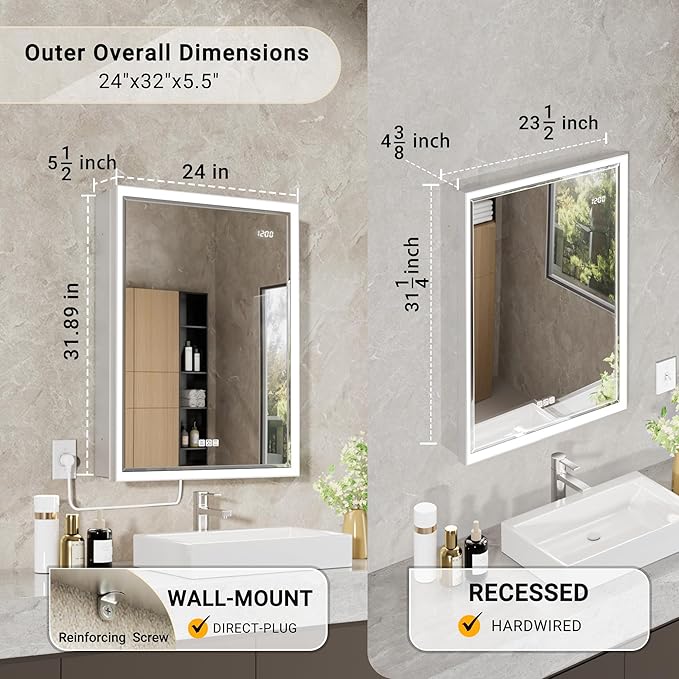 24x32 Lighted Medicine Cabinet with Beveled Mirror & Clock, Surface or Recessed Mirrored Medicine Cabinet with Dimmable Light Anti-fog, Built-in Sensing Light & Outlet, Soft-Close Right Hinge