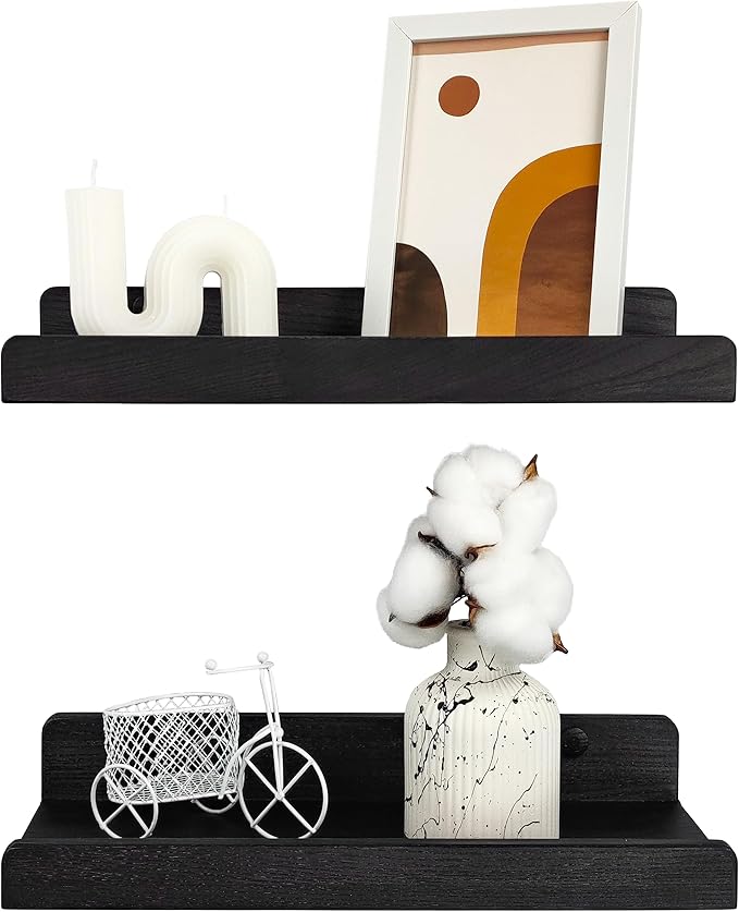 Floating Shelves for Wall 12 inch, Waterproof, Wall Storage Shelves with Lip, Display Picture Ledge Shelf for Living Room Photo Frame, Natural Wood Hanging Book Shelves (Black, Set 2)