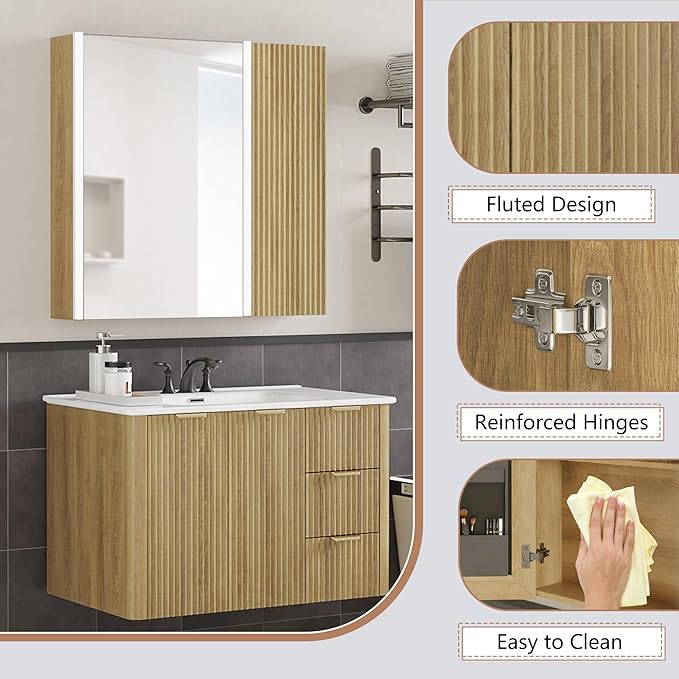 Lighted Bathroom Medicine Cabinet with Mirror，30 x 28 Inch Wall-Mounted Bathroom Wall Cabinet with Storage, LED Lights, Adjustable Shelves,Natural