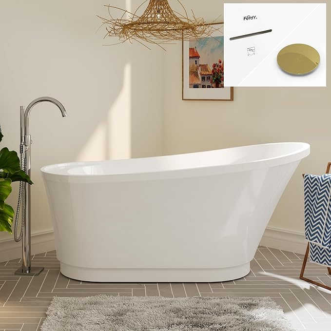FerdY Langkawi 59" Acrylic Freestanding Bathtub, White Modern Stand Alone Soaking Bathtub, cUPC Certified, Polished Gold Drain and Minimalist Linear Design Overflow Included, Easy to Install