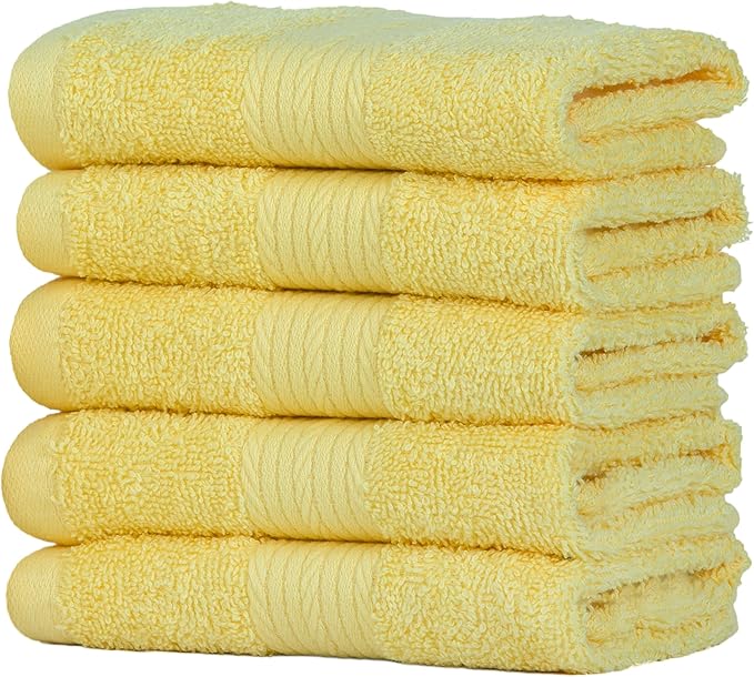 Ample Decor Yellow Washcloths Pack of 5 12 X 12 Inch 100% Cotton 600 GSM, Soft Absorbent and Reusable Fingertip Towels, Ideal for Bathroom and Powder Room