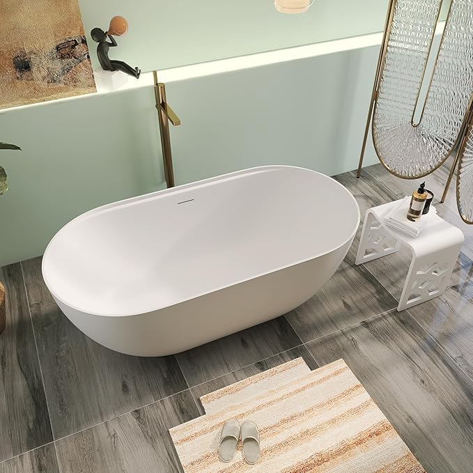 59" Premium Solid Surface Freestanding Bathtub With Black Acrylic Shelf, Modern Soaking Deep Stone Resin Tub with Overflow and Pop-up Drain, Matte White