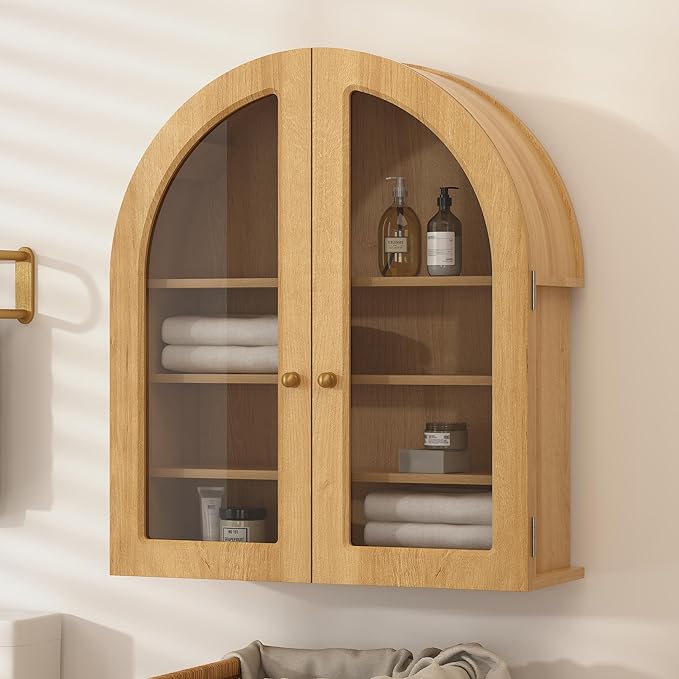 Large Arched Bathroom Wall Cabinet Modern Wooden Display Cabinet with Acrylic Doors Farmhouse Wall Mounted Cupboard Storage Organizer for Laundry Room, Dining Room, Natural Oak