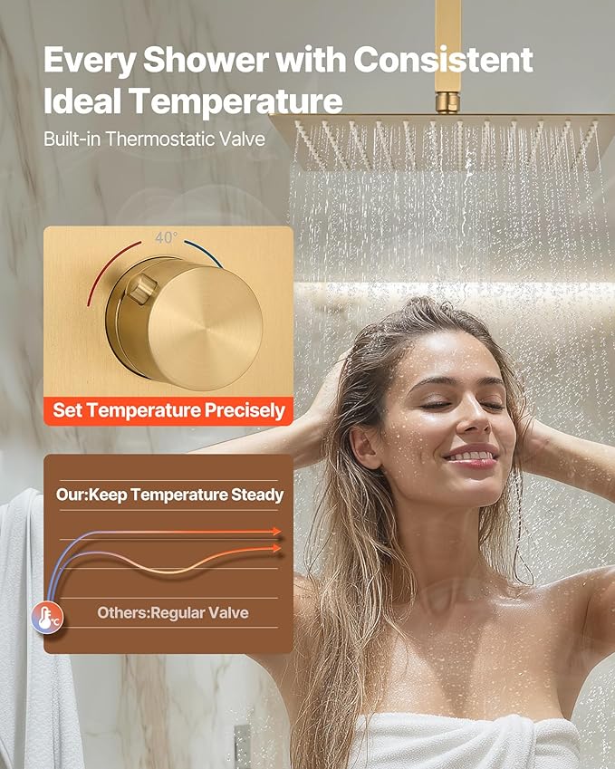 VEVOR Shower Faucet Set, 12 Inch Thermostatic Ceiling Mount Rainfall Shower System with 6 Inch Wall Mount Head and 2 in 1 Handheld Spray, 3-Function Dual Rain Head Brass Valve Trim Kit, Brushed Gold