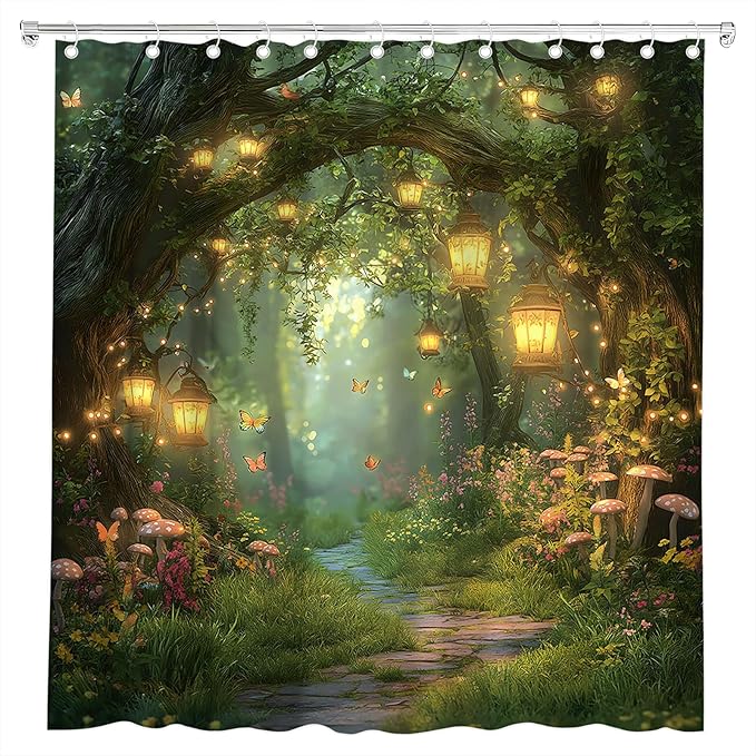 Fantasy Forest Path Shower Curtain Fairy Magical Enchanted Misty Jungle Mushroom Floral Tree Butterfly Lantern Wonderland Plant Bath Curtain Fabric Bathroom Accessories Decor with Hooks 60W x70L