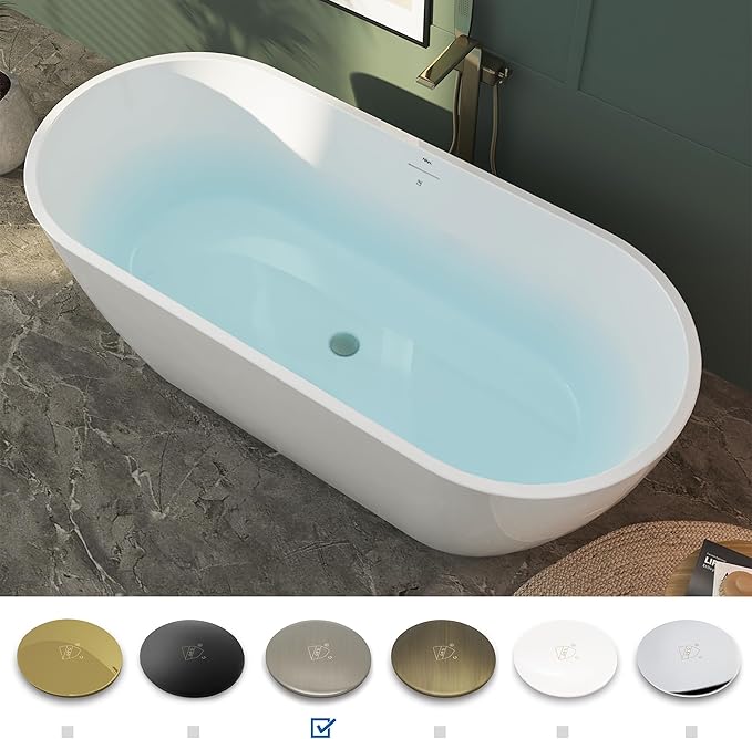 FerdY 67" Bali Elite Acrylic Freestanding Bathtub, Gracefully Shaped Freestanding Soaking Bathtub, cUPC Certified, Toe-Tap Brushed Nickel Drain and Minimalist Linear Design Overflow Included