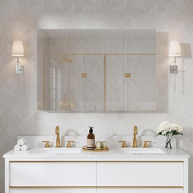 WELLFOR 44" x 30" Rectangle Medicine Cabinet Mirror, Surface Mount or Recessed Medicine Cabinet with Tempered Mirror, Anodized Chrome Aluminum Frame, Bathroom Mirror with Storage