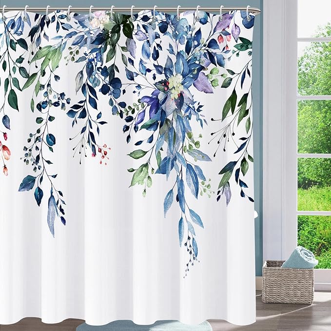 Shower Curtain Blue Green Eucalyptus Shower Curtains for Bathroom, Watercolor Leaf Shower Curtain Sets Waterproof Plant Shower Curtain Leaves Fabric Cloth Bathroom Curtains 72x72 inch with Hooks