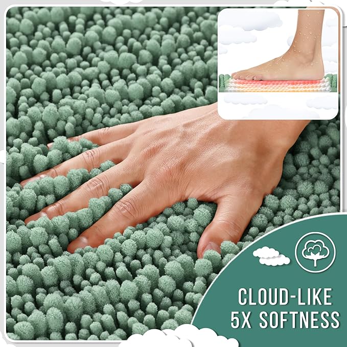 Yimobra Bathroom Rugs Sets 2 Piece - Quick Dry Extra Thick Luxury Chenille Bath Mat, Non Slip Super Absorbent for Tub Shower Sink, Machine Washable Shaggy Floor Mat, 32"x20"+24"x20" Inch, Green