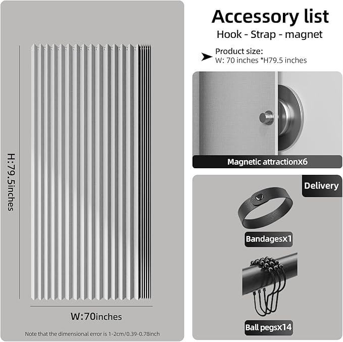 Bathroom Magnetic Folding Shower Curtain, Accordion-Style Shower Curtain, Suitable for Shower Rooms, bathtubs, Hotels or Apartments (High-Grade Grey, W:70*H79.5Inch)