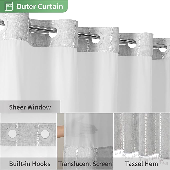 Grey Farmhouse No Hook Shower Curtain Set with Snap-in Fabric Liner,Boho Heavy-Duty Linen Textured Rustic Striped Design,Water-Repellent with Tassels and Sheer Window,Gray,71x74