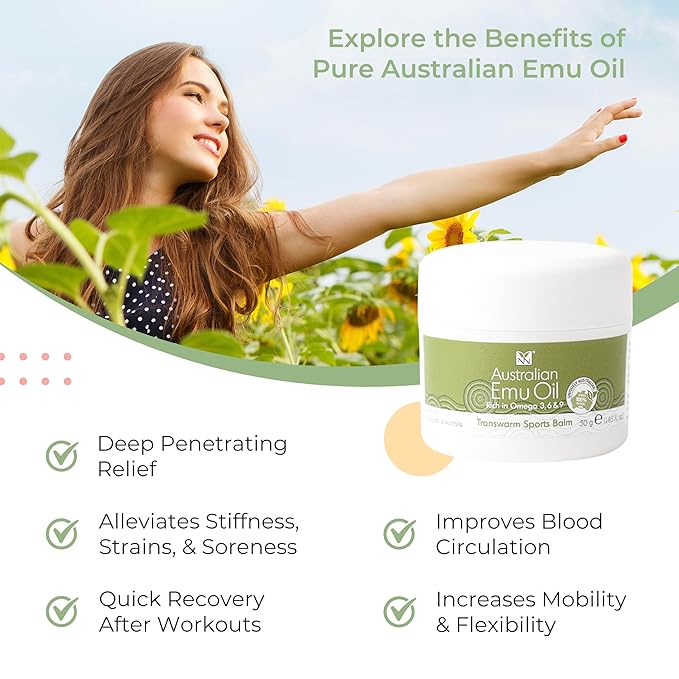 Y Not Natural Transwarm Sports Balm with Pure Emu Oil, Vitamins A, D, E, F & K2, Omega 3 6 9, & Tea Tree Oil Essential Oils - 50g Rub for Joint, Back, Muscle Stiffness & Soothing Itch Relief