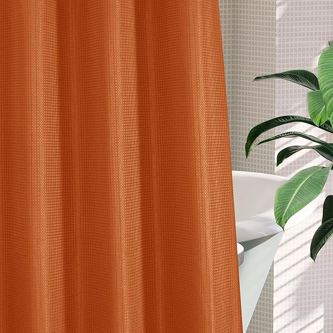 MitoVilla No Hooks Needed Orange Waffle Shower Curtain Liner Set, Modern Waffle Weave Heavy Duty Fabric Cloth Shower Curtain with Snap-in Liner for Luxury Neutral Hotel Spa Bathroom Decor