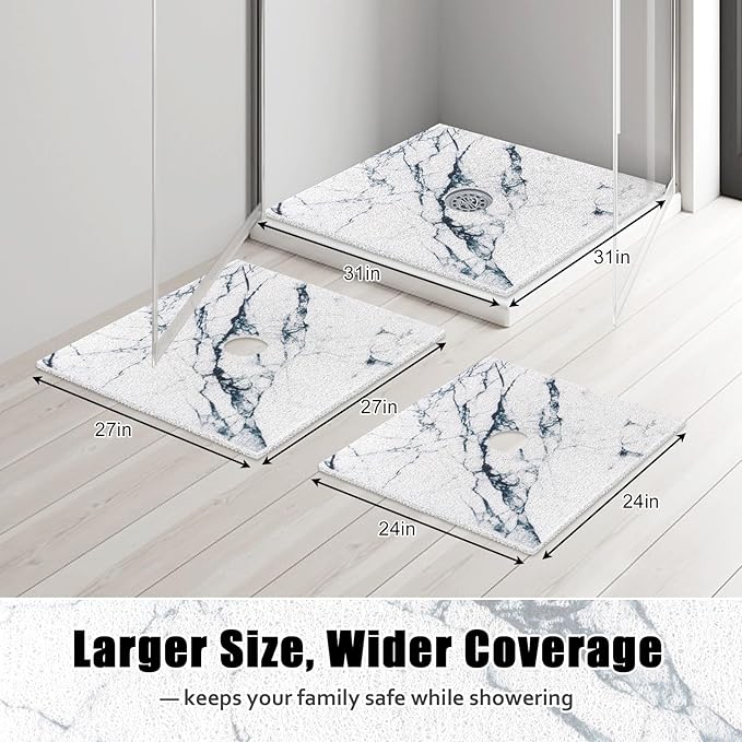 Square Shower Mat Non Slip: 24x24 Inch Shower Floor Mat with Drain Hole in Middle, Super Soft and Comfortable PVC Loofah Massage Bath Mat for Shower, Anti Slip Shower Stall Mat, Quick Drying