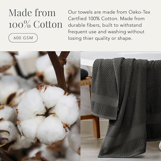 NY Loft 100% Cotton 4 Pack Bath Towels, 30" x 52", Dark Grey, Quick-Dry, Absorbent, OEKO-TEX Certified, Machine Washable