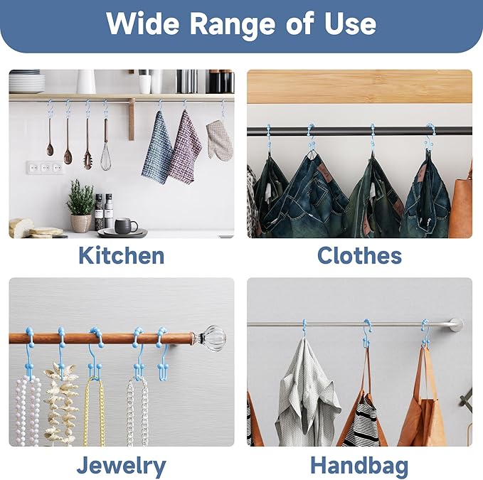 Titanker Shower Curtain Hooks, Rust Resistant Shower Curtain Rings for Bathroom, Metal Double Glide Shower Hooks Hangers for Bathroom Shower Rods Curtains, Set of 12 Hooks - Blue