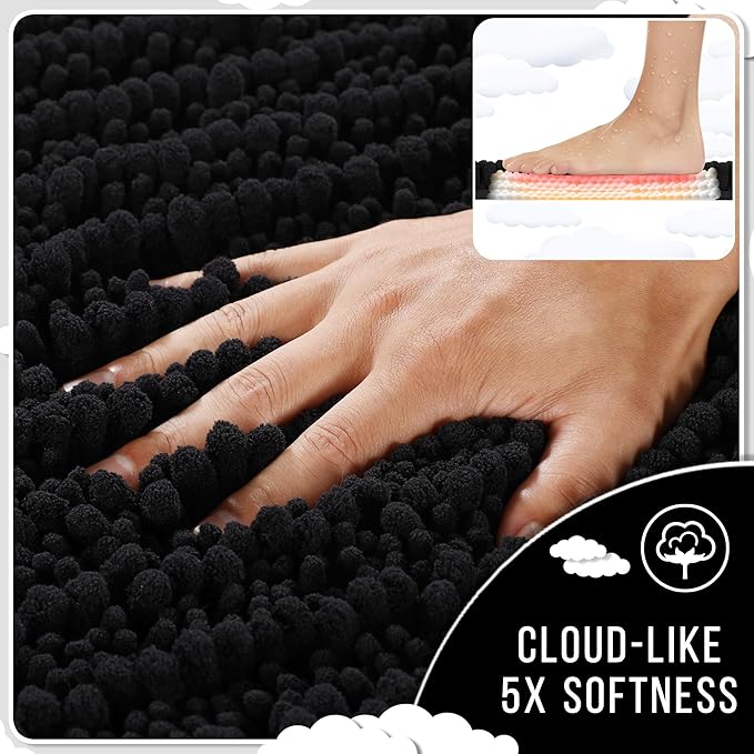 Yimobra Bathroom Rugs Sets 2 Piece - Quick Dry Extra Thick Luxury Chenille Bath Mat, Non Slip Super Absorbent for Tub Shower Sink, Machine Washable Shaggy Floor Mat, 44"x24"+24"x17" Inch, Black