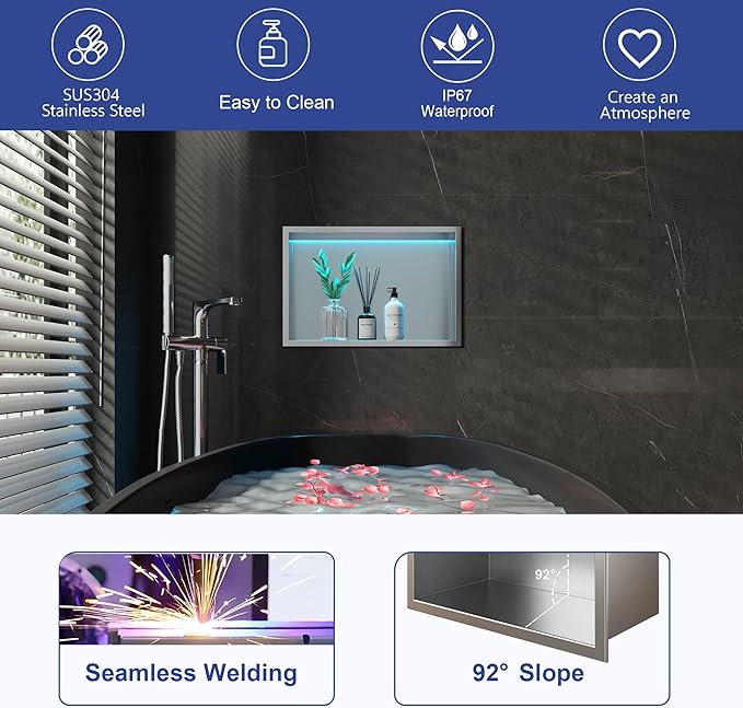 18X12 RGB Shower Niche, Brushed Nickel Stainless Steel LED Wall Niche, No Tile Needed Wall Cabinet for Bathroom Storage Built-in Installation