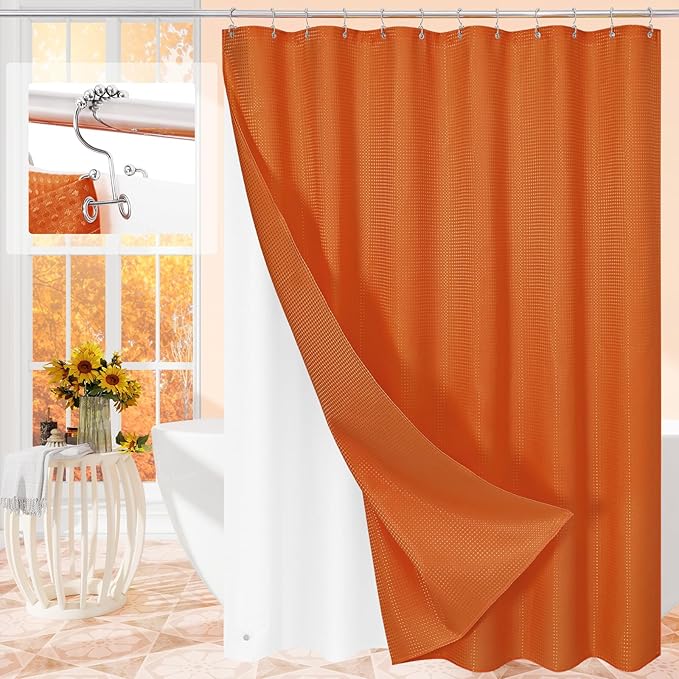 3 in 1 Long Burnt Orange Shower Curtain Set-72 W x 78 H, Modern Waffle and PEVA Liner Set with 12 Stainless Steel Hooks, Waterproof Fabric for Bathroom