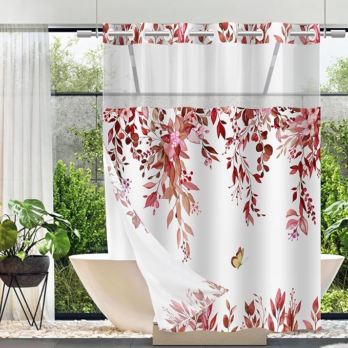 No Hook Shower Curtain and Liner Set, Red Eucalyptus Floral Shower Curtains for Bathroom, Bath Curtain Sets with Snap in Liner, Waterproof with See Through Top Window, 71x84 Inches