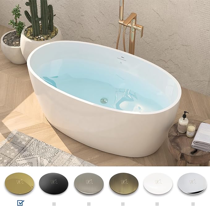 FerdY Tahiti 55" Acrylic Freestanding Bathtub, Elegant Oval Shape Soaking Bathtub, Glossy White, Polished Gold Drain & Integrated Slotted Overflow Assembly Included cUPC Certified