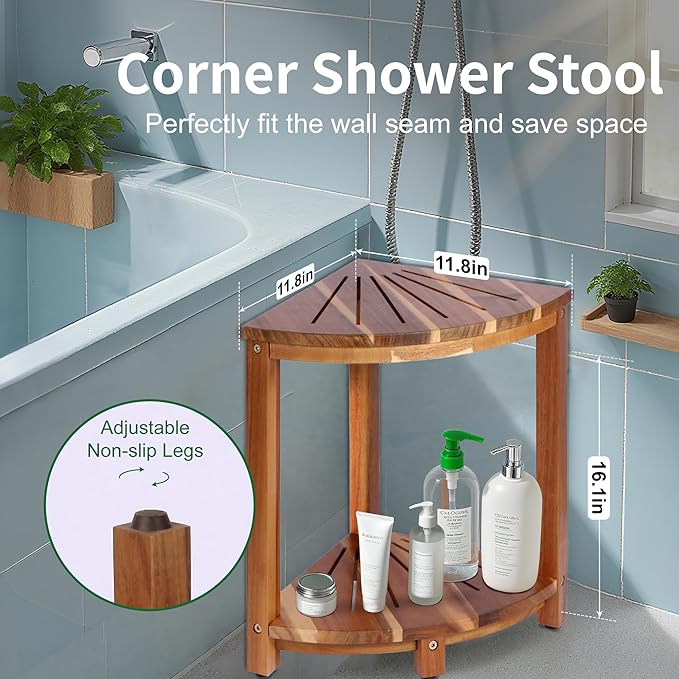 Bathroom Corner Shower Stool with Storage Shelf, Shower Feet Stool, Non-Slip Adjustable Feet Drain Holes, for Shaving Legs, SpacemSaving Shower Bench with Storage for Small Spaces