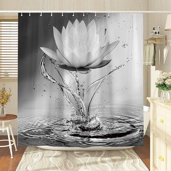 Lotus Shower Curtain Black White Grey Flower Elegant Blooming Floral with Dew Spring Flower Reflection on Water Modern Romantic Polyester Fabric Bathroom Decor 86×70 Inch with Hook