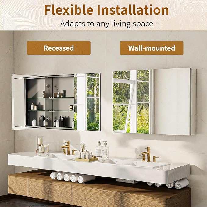 BEAUTYPEAK 40 x 26 Inch Medicine Cabinet with Mirror, Wall Mounted Bathroom Mirror Cabinet, Medicine Cabinet Mirror with Storage & Adjustable Shelves