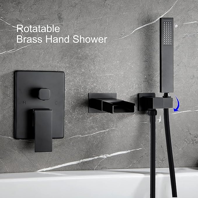 TapLong Matte Black Wall Mount Tub Filler Faucet Set with Hand Held Shower, Modern Bathtub Faucet with Waterfall Tub Spout Solid Brass Single Handle Shower Faucet Set with High Flow Rough in Valve