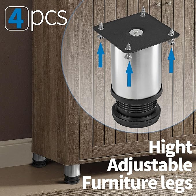 3 Inch Metal Furniture Legs Stainless Steel Adjustable Legs Silver Table Legs Round Cabinet Legs for Coffee Table Cabinet Desk Sofa Shelves, Pack of 4