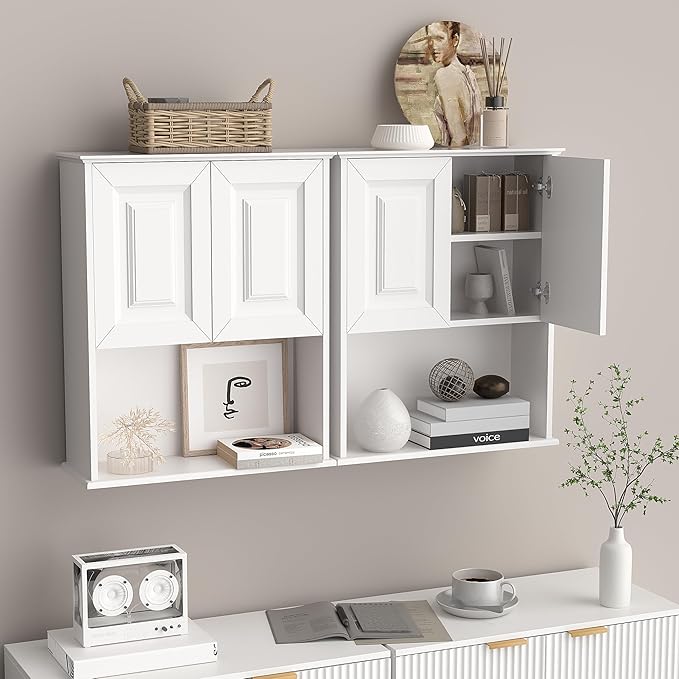 Bathroom Wall Cabinet Wooden with 2 Doors,Over the Toilet Storage Cabinet,Bathroom and Laundry Wall Mount Storage Medicine Cabinet with Open and Adjustable Shelf,Easy Assembly (Style B-2 PC, White)