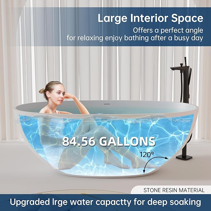 61'' Resin Stone Soaking Bathtub Oval Solid Surface Freestanding Soaking Bathtubs Matte White Soaking Tub with Overflow and Pop up Drain - White…