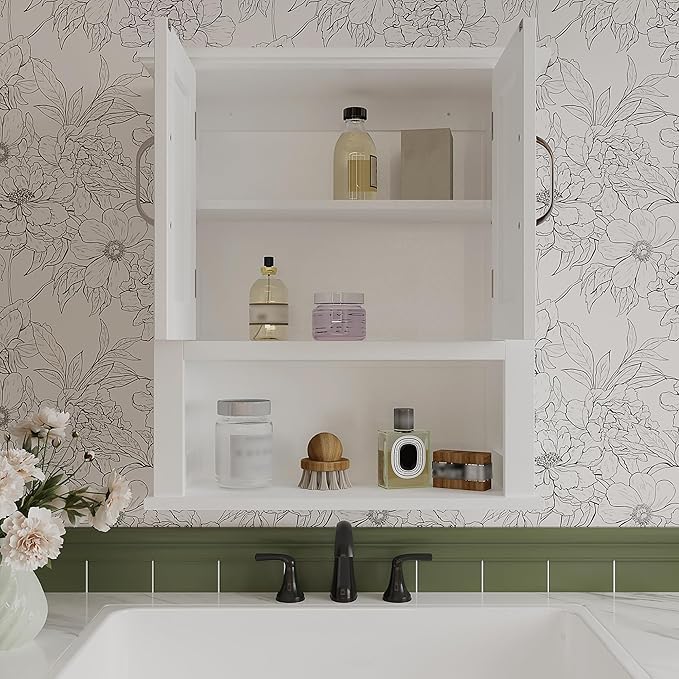 ChooChoo Wood Wall Cabinet with Doors, Medicine Cabinet with Adjustable Shelves Over The Toilet, Hanging Cabinet Wall Mounted for Bathroom, Kitchen, Living Room, White