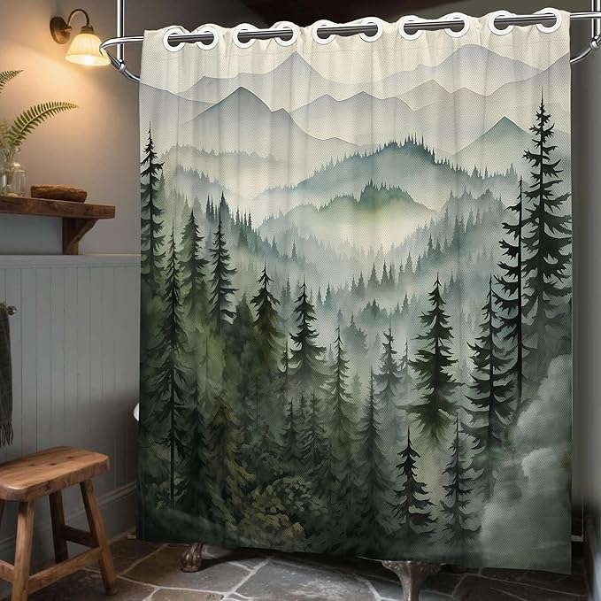 Forest Hookless Shower Curtain with Snap in Liner Set, Nature Mountain No Hook Shower Curtains for Bathroom, Double Layer Ringless, Liner with Magnets, Waterproof Cloth Fabric, 71" W x 74" L
